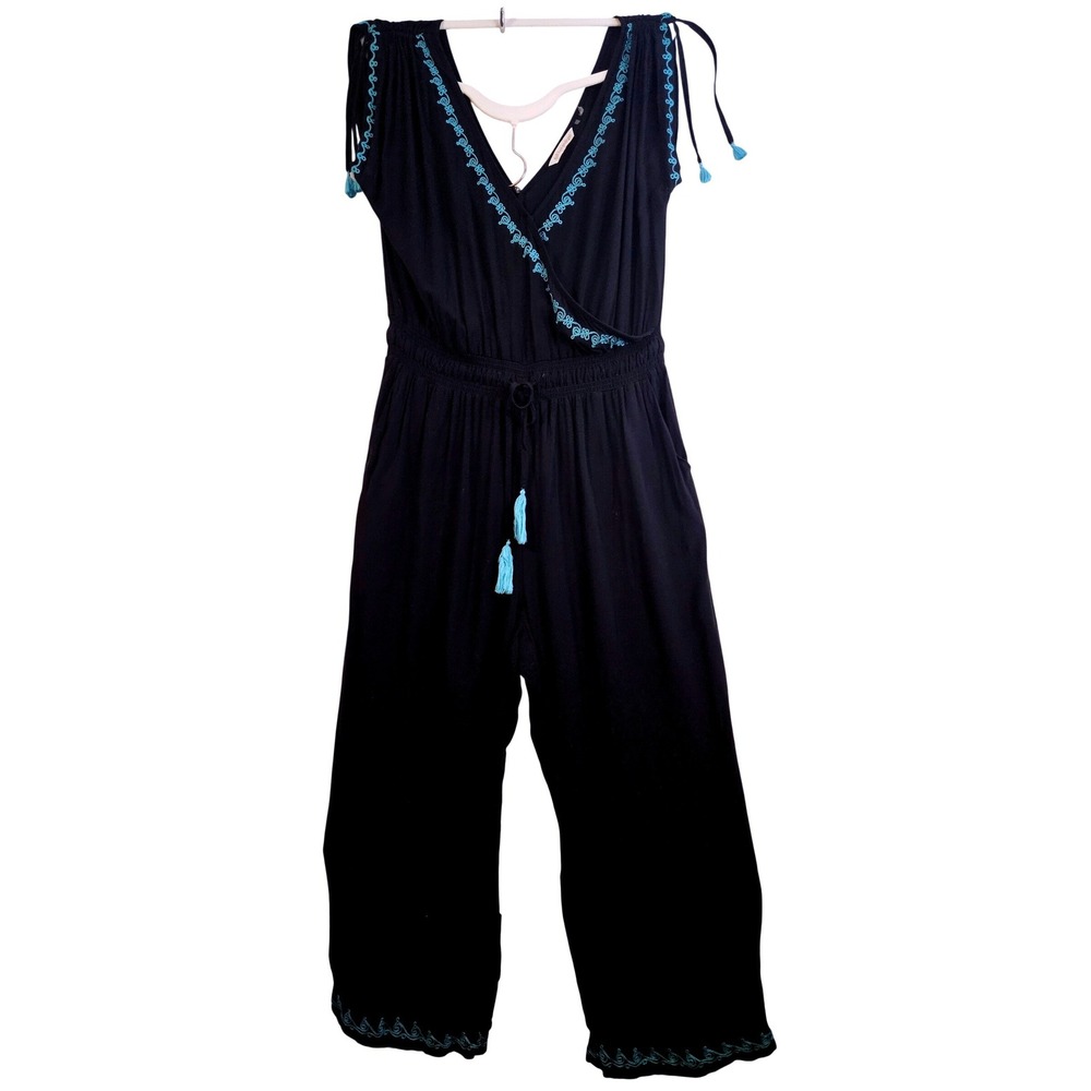Soft Surroundings Romper Womens L Navy Blue Embroidered Wide Leg Jumpsuit #699